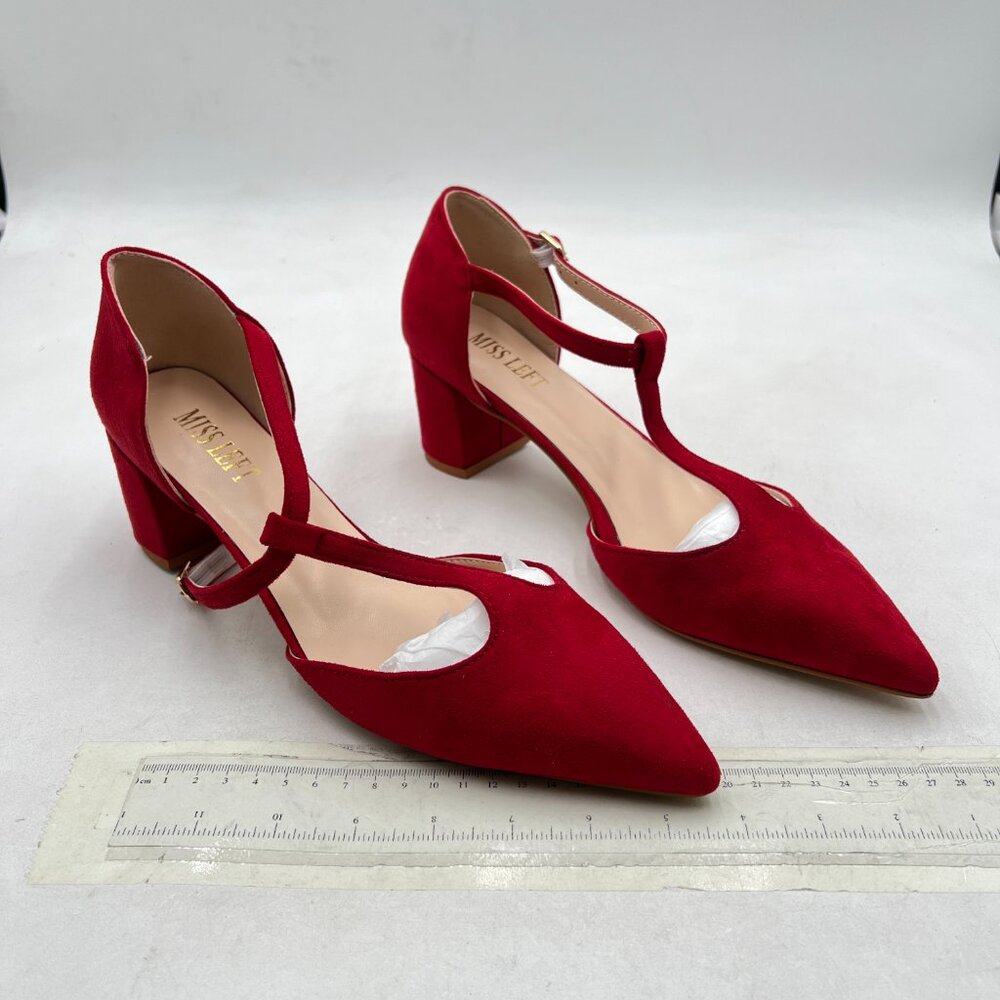 T-Strap Red Block Heel Pumps - Picture 4 of 8